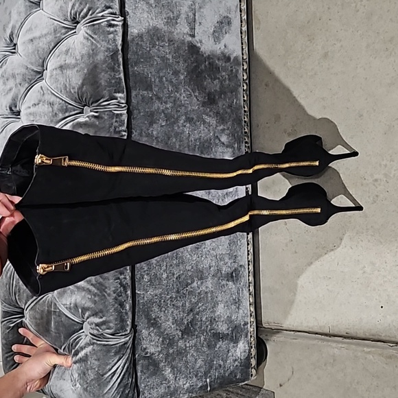 Black Velvet Peep Toe Above Knee Heel Boots - Picture 3 of 7